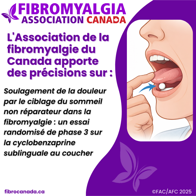 This is a Lay Summary on Pain relief by targeting nonrestorative sleep in fibromyalgia: a phase 3 randomized trial of bedtime sublingual cyclobenzaprine. We have the English Fibromyalgia Association Canada banner with the title om the left and someone inserting a pill under their tongue on the left (sublingual)